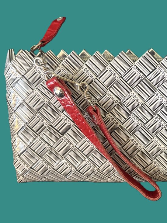 QR Code Nahui Ollin Black and White Wristlet with Red Leather Handle EUC - Picture 3 of 10